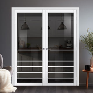 Image: Hirahna Solid Wood Internal Door Pair UK Made DD0109T Tinted Glass - Cloud White Premium Primed - Urban Lite® Bespoke Sizes