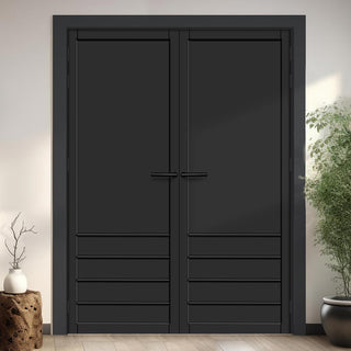 Image: Hirahna Panel Solid Wood Internal Door Pair UK Made DD0109P - Shadow Black Premium Primed - Urban Lite® Bespoke Sizes