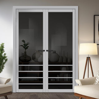 Image: Hirahna Solid Wood Internal Door Pair UK Made DD0109T Tinted Glass - Mist Grey Premium Primed - Urban Lite® Bespoke Sizes