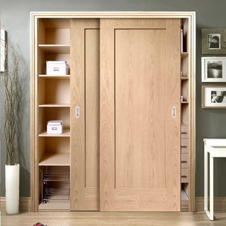 Image: Minimalist Wardrobe Door & Frame Kit - Two Pattern 10 Oak 1 Panel Doors - Unfinished