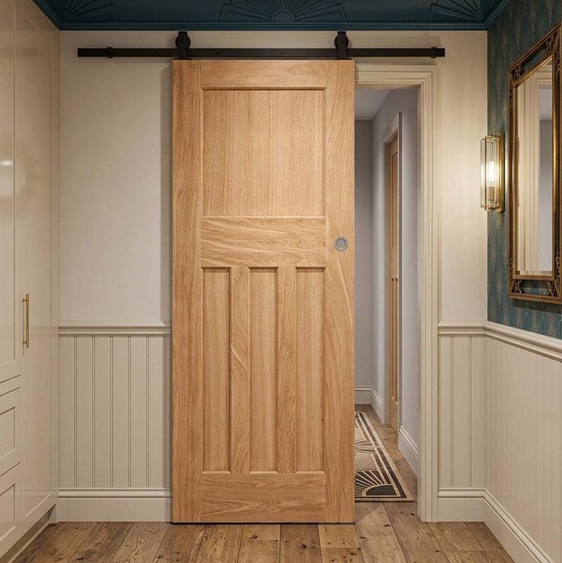 Top Mounted Black Sliding Track & Door - DX30's Panel Oak Internal Door