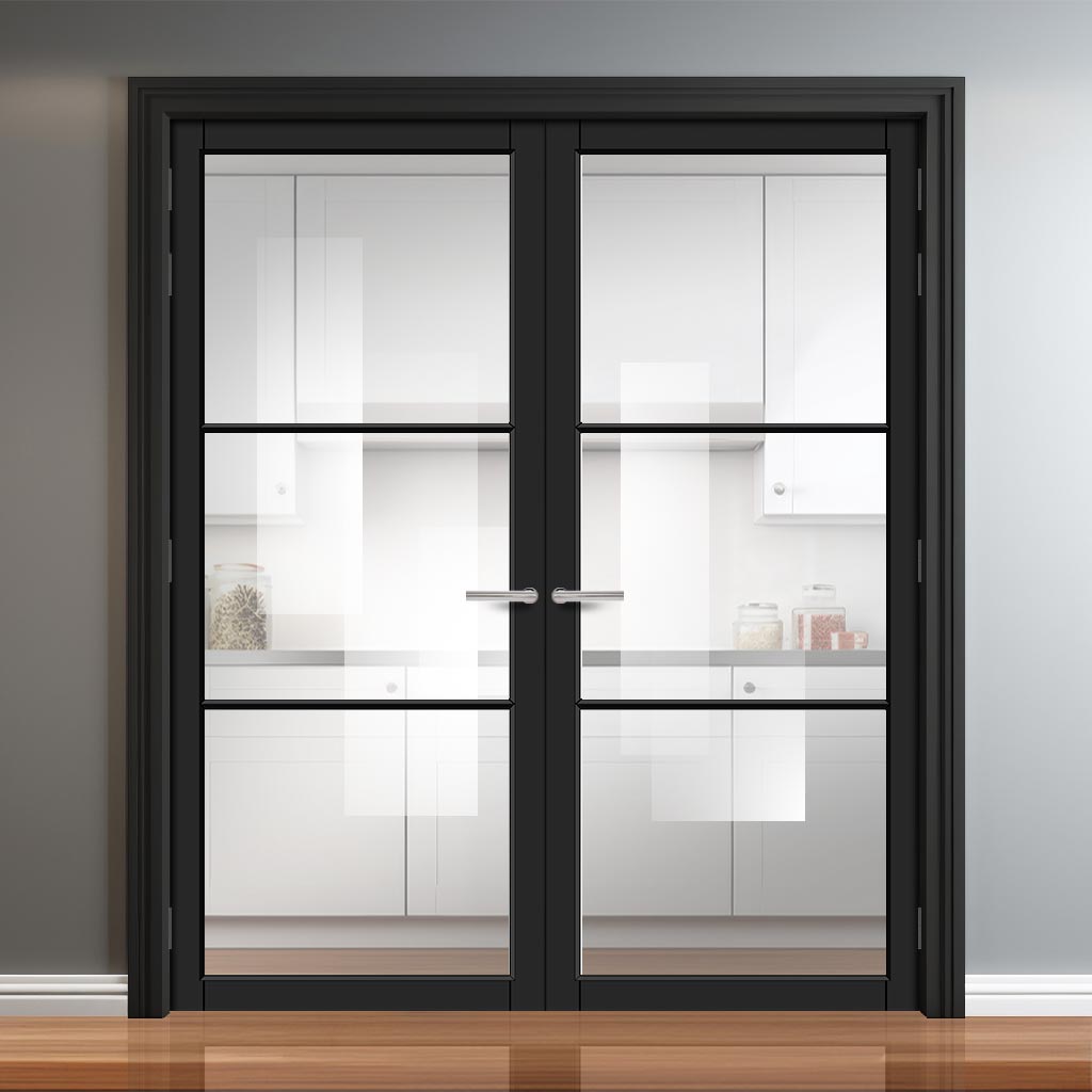 Iretta Solid Wood Internal Door Pair UK Made DD0115C Clear Glass - Shadow Black Premium Primed - Urban Lite® Bespoke Sizes