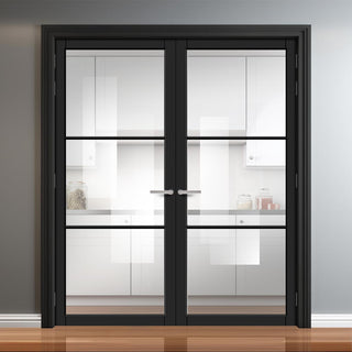 Image: Iretta Solid Wood Internal Door Pair UK Made DD0115C Clear Glass - Shadow Black Premium Primed - Urban Lite® Bespoke Sizes