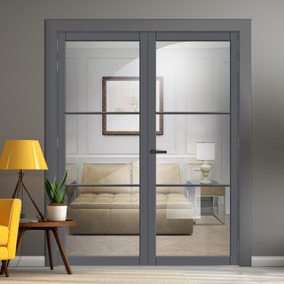 Image: Iretta Solid Wood Internal Door Pair UK Made DD0115C Clear Glass - Stormy Grey Premium Primed - Urban Lite® Bespoke Sizes