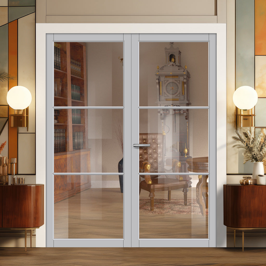 Iretta Solid Wood Internal Door Pair UK Made DD0115C Clear Glass - Mist Grey Premium Primed - Urban Lite® Bespoke Sizes