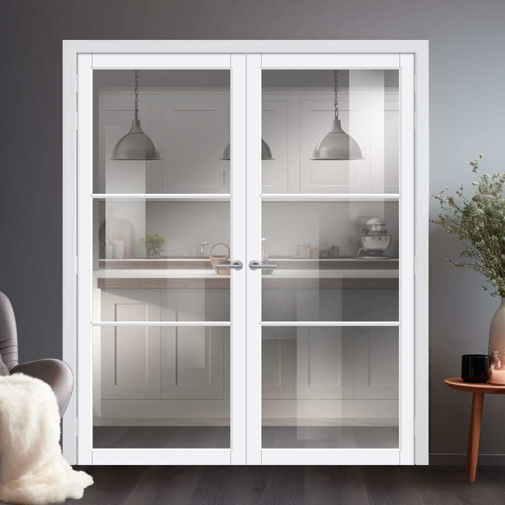 Iretta Solid Wood Internal Door Pair UK Made DD0115C Clear Glass - Cloud White Premium Primed - Urban Lite® Bespoke Sizes