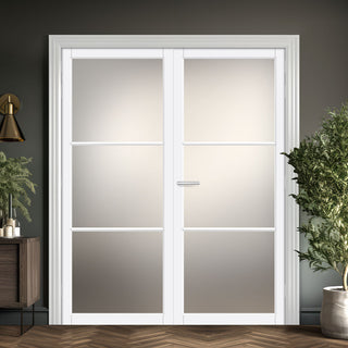 Image: Iretta Solid Wood Internal Door Pair UK Made DD0115F Frosted Glass - Cloud White Premium Primed - Urban Lite® Bespoke Sizes