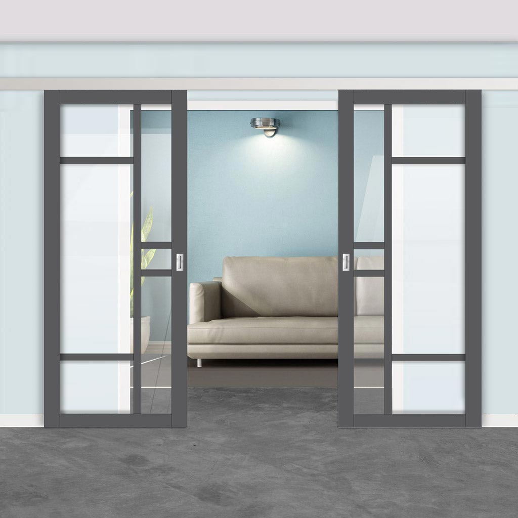 Double Sliding Door & Premium Wall Track - Eco-Urban® Isla 6 Pane Doors DD6429G Clear Glass - 6 Colour Options