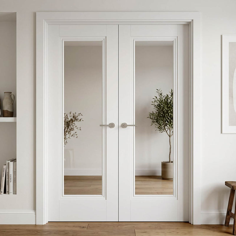 J B Kind White Classic Belton Primed Internal Door Pair - Clear Glass