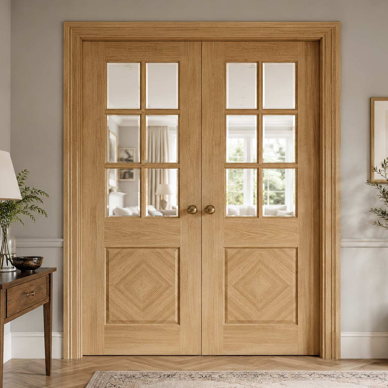 Kensington Oak Panel Internal Door Pair - Clear Bevelled Glass - Prefinished