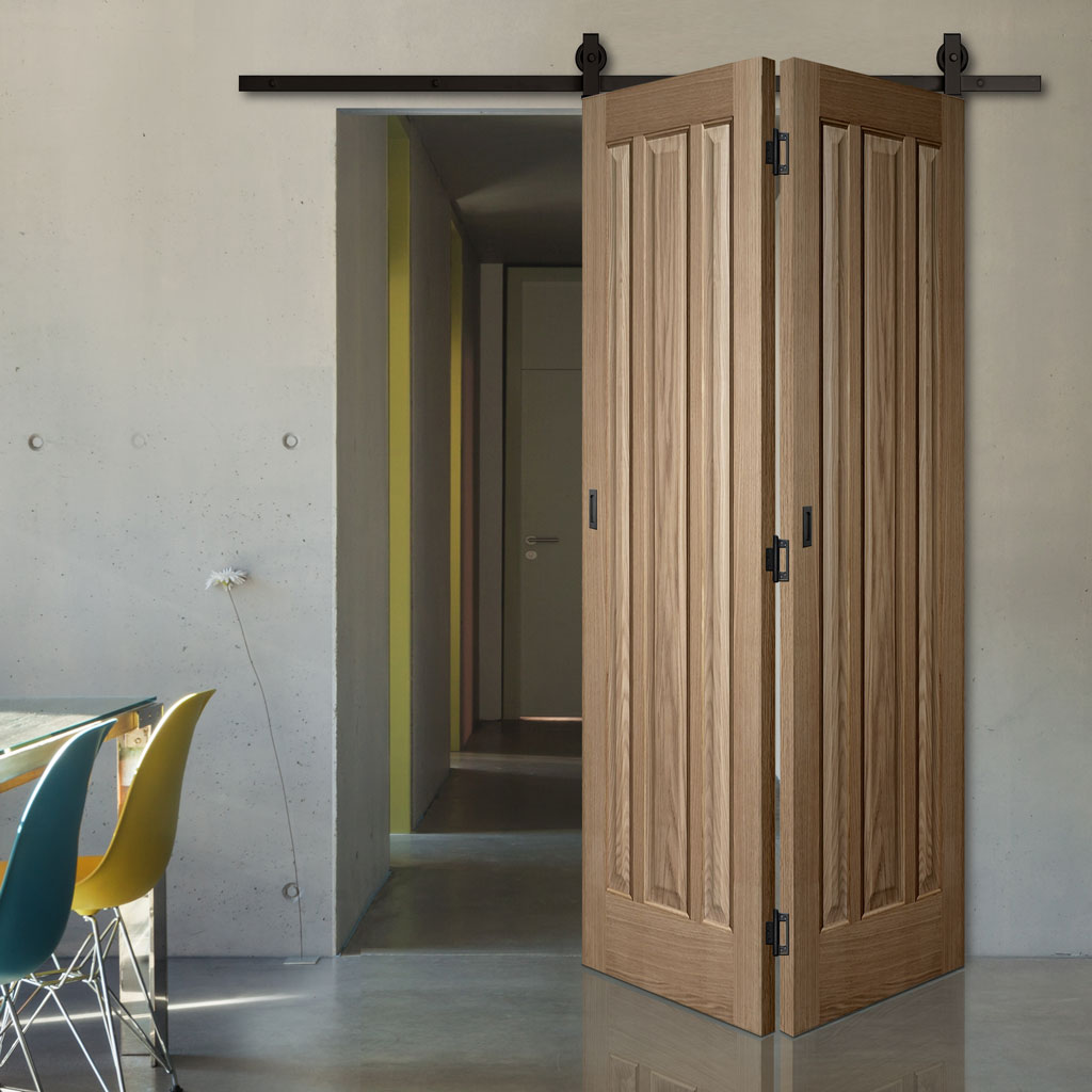 SpaceEasi Top Mounted Black Folding Track & Double Door  - Kilburn 3 Panel Oak Door - Unfinished