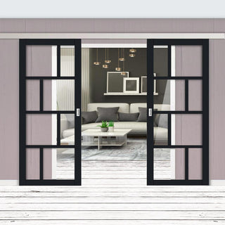 Image: Double Sliding Door & Premium Wall Track - Eco-Urban® Kochi 8 Pane Doors DD6415G Clear Glass - 6 Colour Options