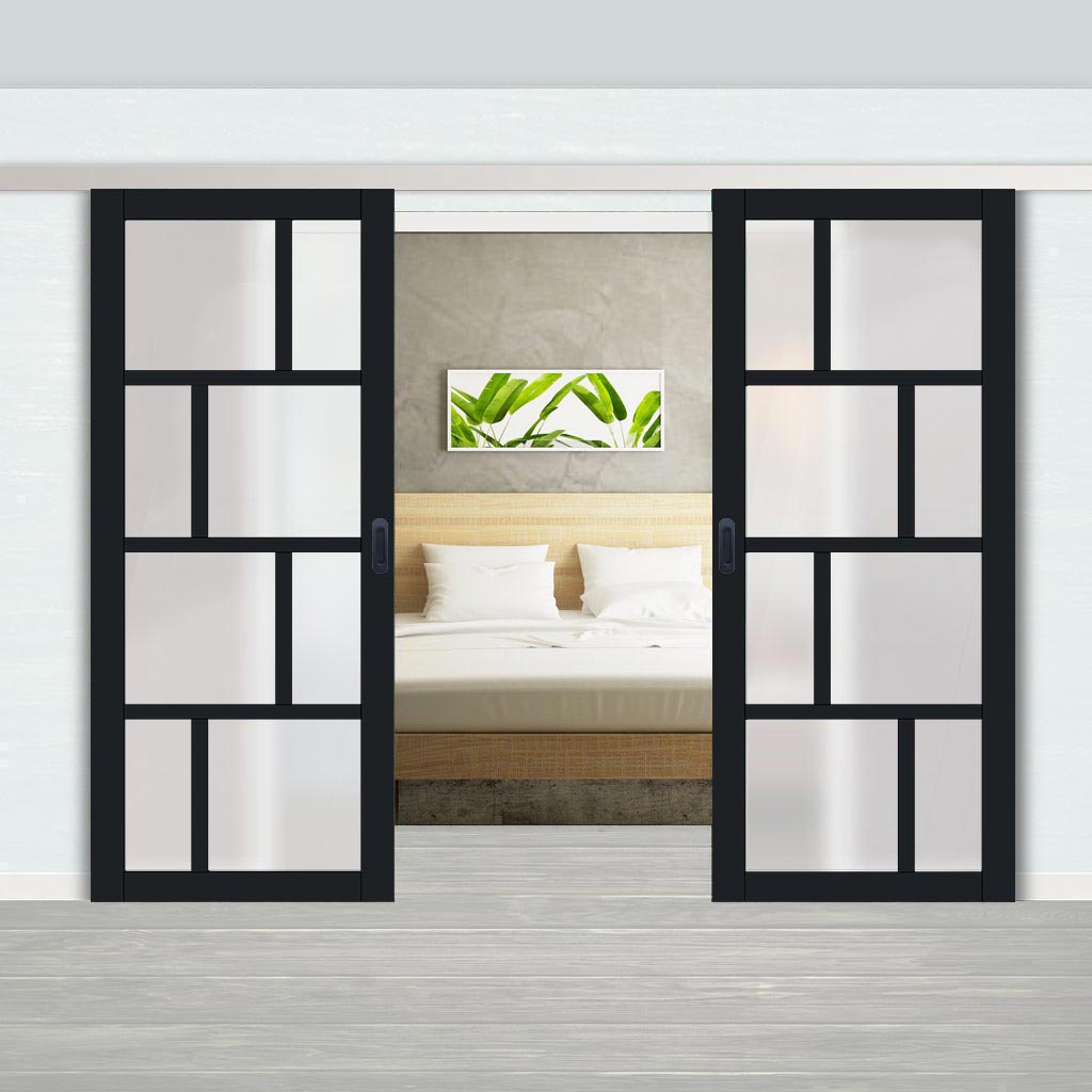Double Sliding Door & Premium Wall Track - Eco-Urban® Kochi 8 Pane Doors DD6415SG Frosted Glass - 6 Colour Options