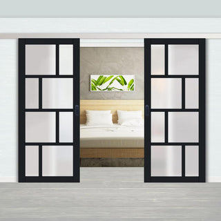 Image: Double Sliding Door & Premium Wall Track - Eco-Urban® Kochi 8 Pane Doors DD6415SG Frosted Glass - 6 Colour Options