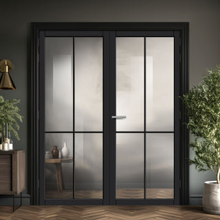Image: Kora Solid Wood Internal Door Pair UK Made DD0116C Clear Glass - Shadow Black Premium Primed - Urban Lite® Bespoke Sizes