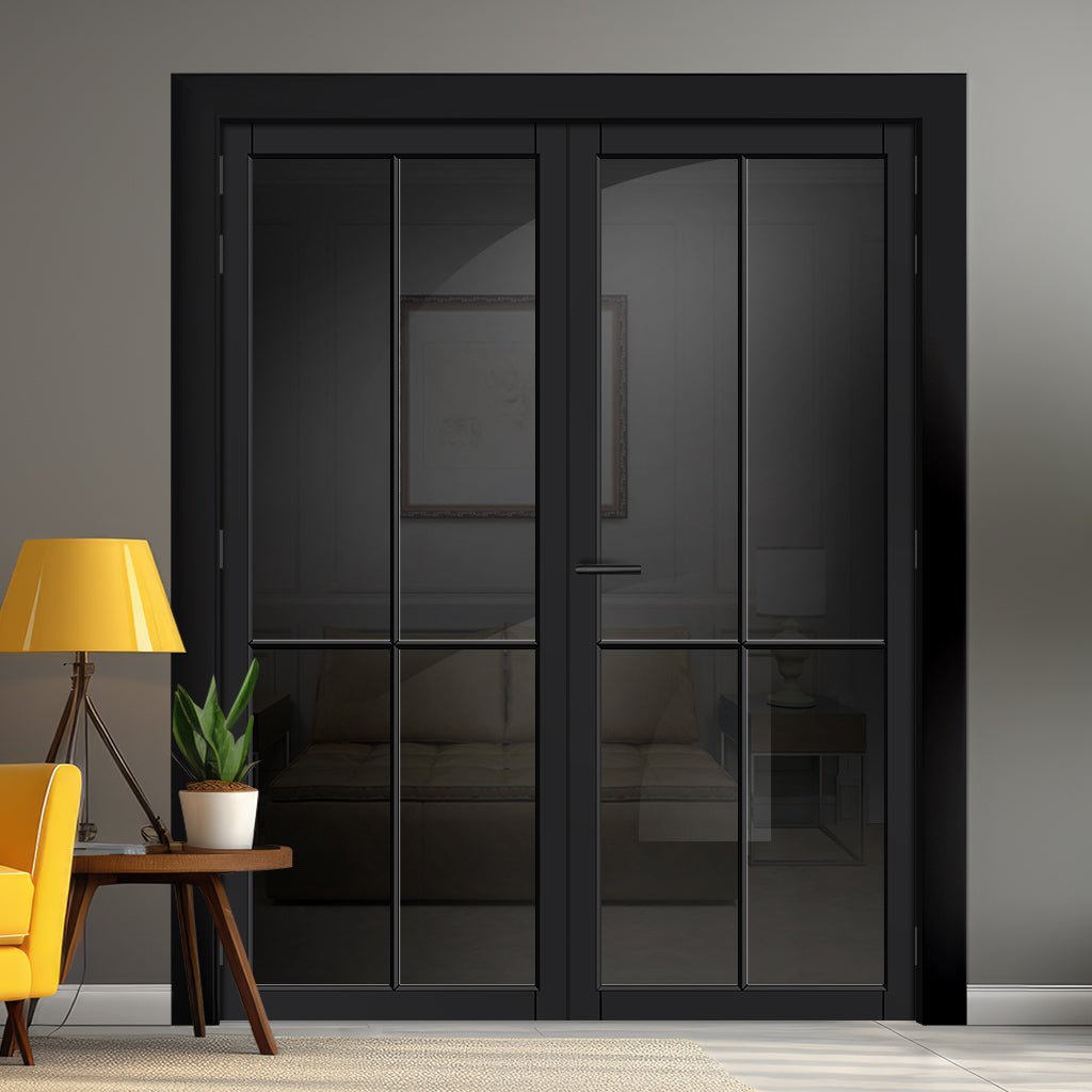 Kora Solid Wood Internal Door Pair UK Made DD0116T Tinted Glass - Shadow Black Premium Primed - Urban Lite® Bespoke Sizes