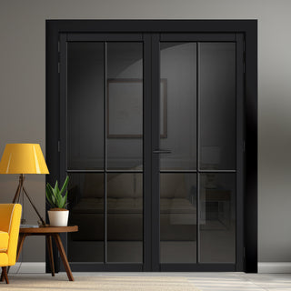 Image: Kora Solid Wood Internal Door Pair UK Made DD0116T Tinted Glass - Shadow Black Premium Primed - Urban Lite® Bespoke Sizes