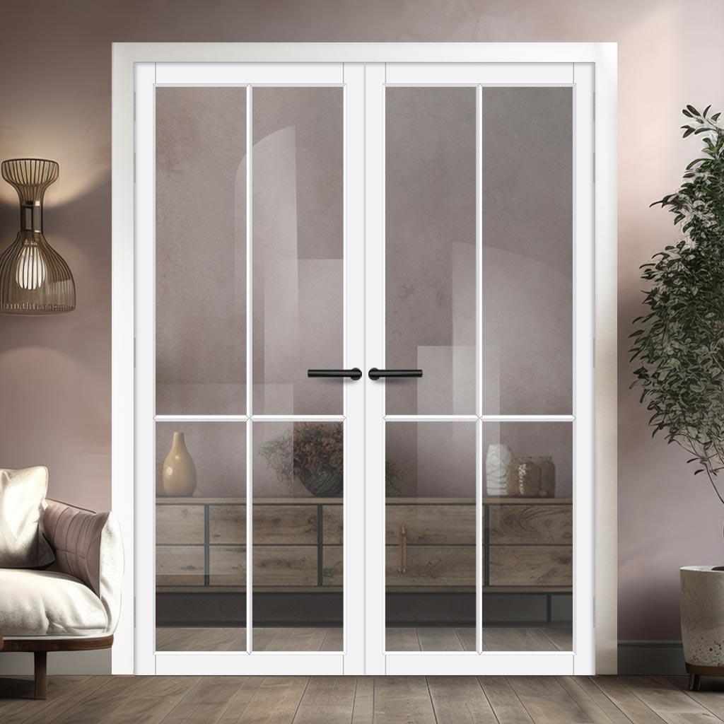 Kora Solid Wood Internal Door Pair UK Made DD0116C Clear Glass - Cloud White Premium Primed - Urban Lite® Bespoke Sizes