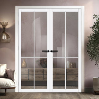 Image: Kora Solid Wood Internal Door Pair UK Made DD0116C Clear Glass - Cloud White Premium Primed - Urban Lite® Bespoke Sizes