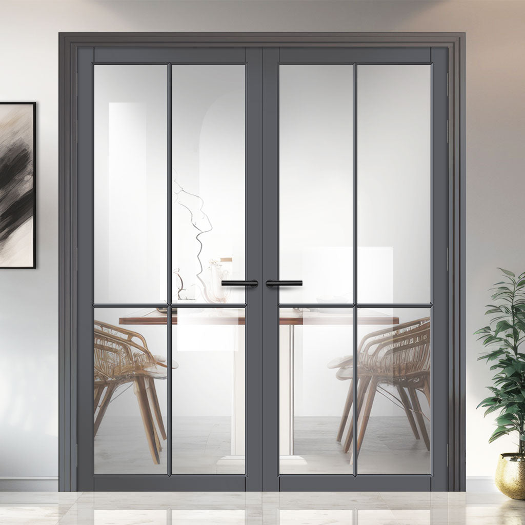 Kora Solid Wood Internal Door Pair UK Made DD0116C Clear Glass - Stormy Grey Premium Primed - Urban Lite® Bespoke Sizes