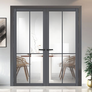 Image: Kora Solid Wood Internal Door Pair UK Made DD0116C Clear Glass - Stormy Grey Premium Primed - Urban Lite® Bespoke Sizes