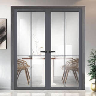 Image: Kora Solid Wood Internal Door Pair UK Made DD0116C Clear Glass - Stormy Grey Premium Primed - Urban Lite® Bespoke Sizes