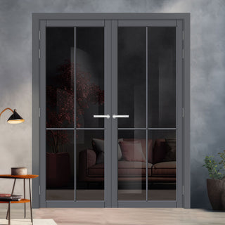 Image: Kora Solid Wood Internal Door Pair UK Made DD0116T Tinted Glass - Stormy Grey Premium Primed - Urban Lite® Bespoke Sizes