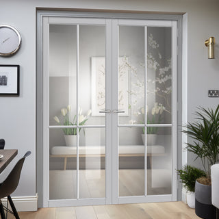 Image: Kora Solid Wood Internal Door Pair UK Made DD0116C Clear Glass - Mist Grey Premium Primed - Urban Lite® Bespoke Sizes