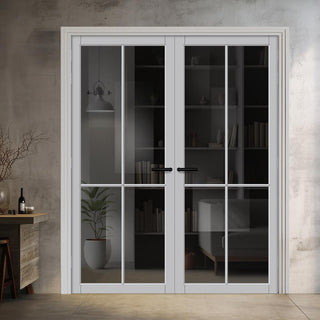Image: Kora Solid Wood Internal Door Pair UK Made DD0116T Tinted Glass - Mist Grey Premium Primed - Urban Lite® Bespoke Sizes