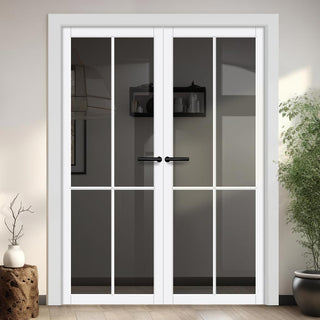 Image: Kora Solid Wood Internal Door Pair UK Made DD0116T Tinted Glass - Cloud White Premium Primed - Urban Lite® Bespoke Sizes