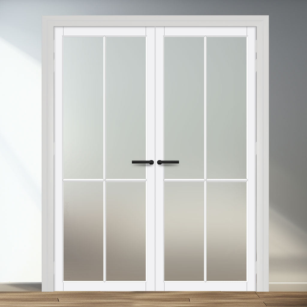 Kora Solid Wood Internal Door Pair UK Made DD0116F Frosted Glass - Cloud White Premium Primed - Urban Lite® Bespoke Sizes