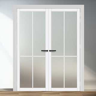 Image: Kora Solid Wood Internal Door Pair UK Made DD0116F Frosted Glass - Cloud White Premium Primed - Urban Lite® Bespoke Sizes