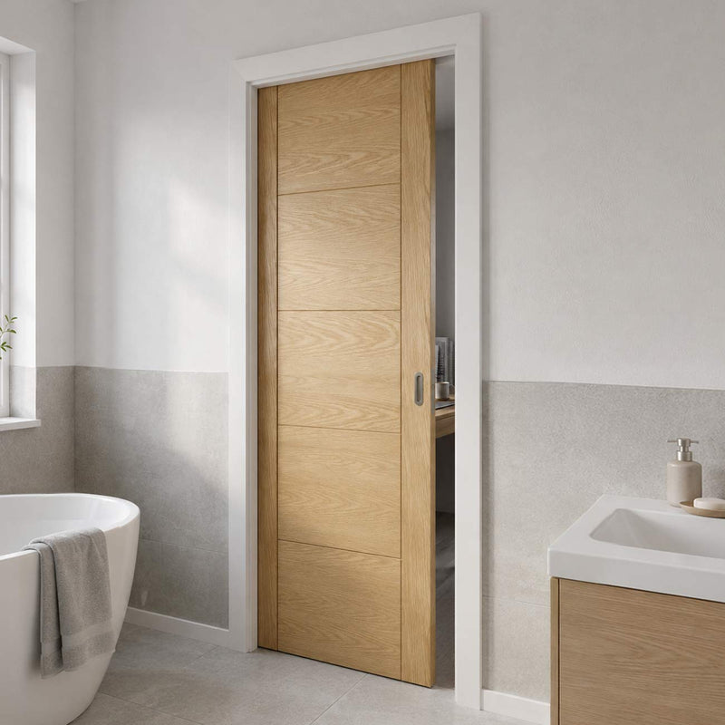 Value Single Evokit Pocket Door - 5 Panel Oak Flush Internal - Unfinished