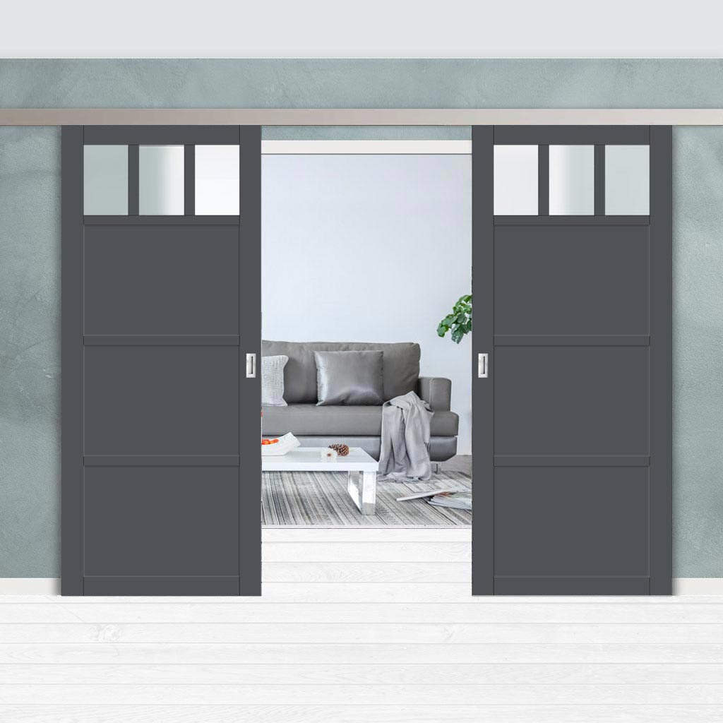 Double Sliding Door & Premium Wall Track - Eco-Urban® Lagos 3 Pane 3 Panel Doors DD6427SG Frosted Glass - 6 Colour Options