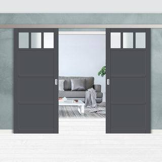 Image: Double Sliding Door & Premium Wall Track - Eco-Urban® Lagos 3 Pane 3 Panel Doors DD6427SG Frosted Glass - 6 Colour Options