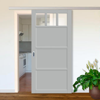 Image: Single Sliding Door & Premium Wall Track - Eco-Urban® Lagos 3 Pane 3 Panel Door DD6427G Clear Glass - 6 Colour Options