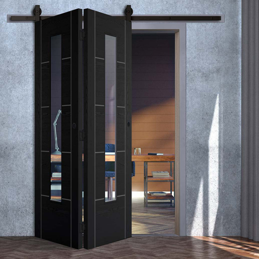 SpaceEasi Top Mounted Black Folding Track & Double Door  - Vancouver Smoked Oak Internal Doors - Clear Glass - Prefinished