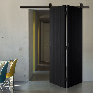 Image: SpaceEasi Top Mounted Black Folding Track & Double Door  - Montreal Charcoal Door - Prefinished