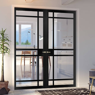 Image: Leith 9 Pane Solid Wood Internal Door Pair UK Made DD6316G - Clear Glass - Eco-Urban® Shadow Black Premium Primed