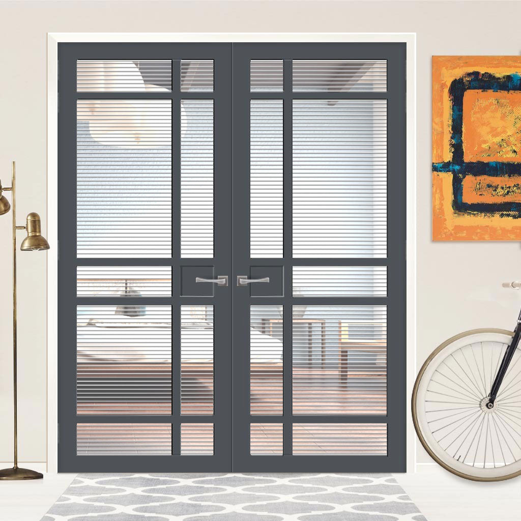 Leith 9 Pane Solid Wood Internal Door Pair UK Made DD6316 - Clear Reeded Glass - Eco-Urban® Stormy Grey Premium Primed