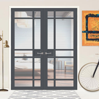 Image: Leith 9 Pane Solid Wood Internal Door Pair UK Made DD6316 - Clear Reeded Glass - Eco-Urban® Stormy Grey Premium Primed