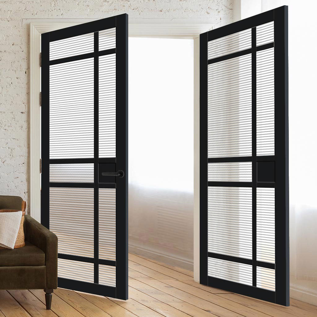 Leith 9 Pane Solid Wood Internal Door Pair UK Made DD6316 - Clear Reeded Glass - Eco-Urban® Shadow Black Premium Primed