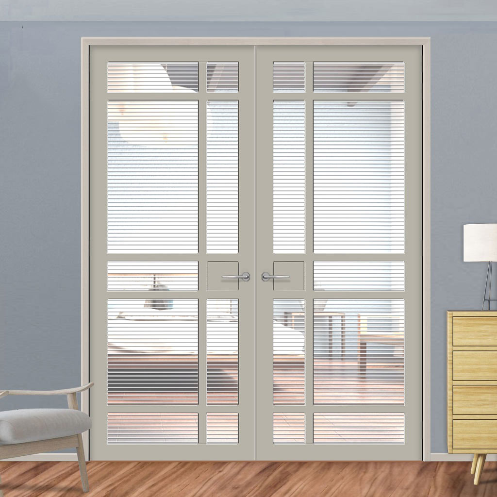 Leith 9 Pane Solid Wood Internal Door Pair UK Made DD6316 - Clear Reeded Glass - Eco-Urban® Mist Grey Premium Primed