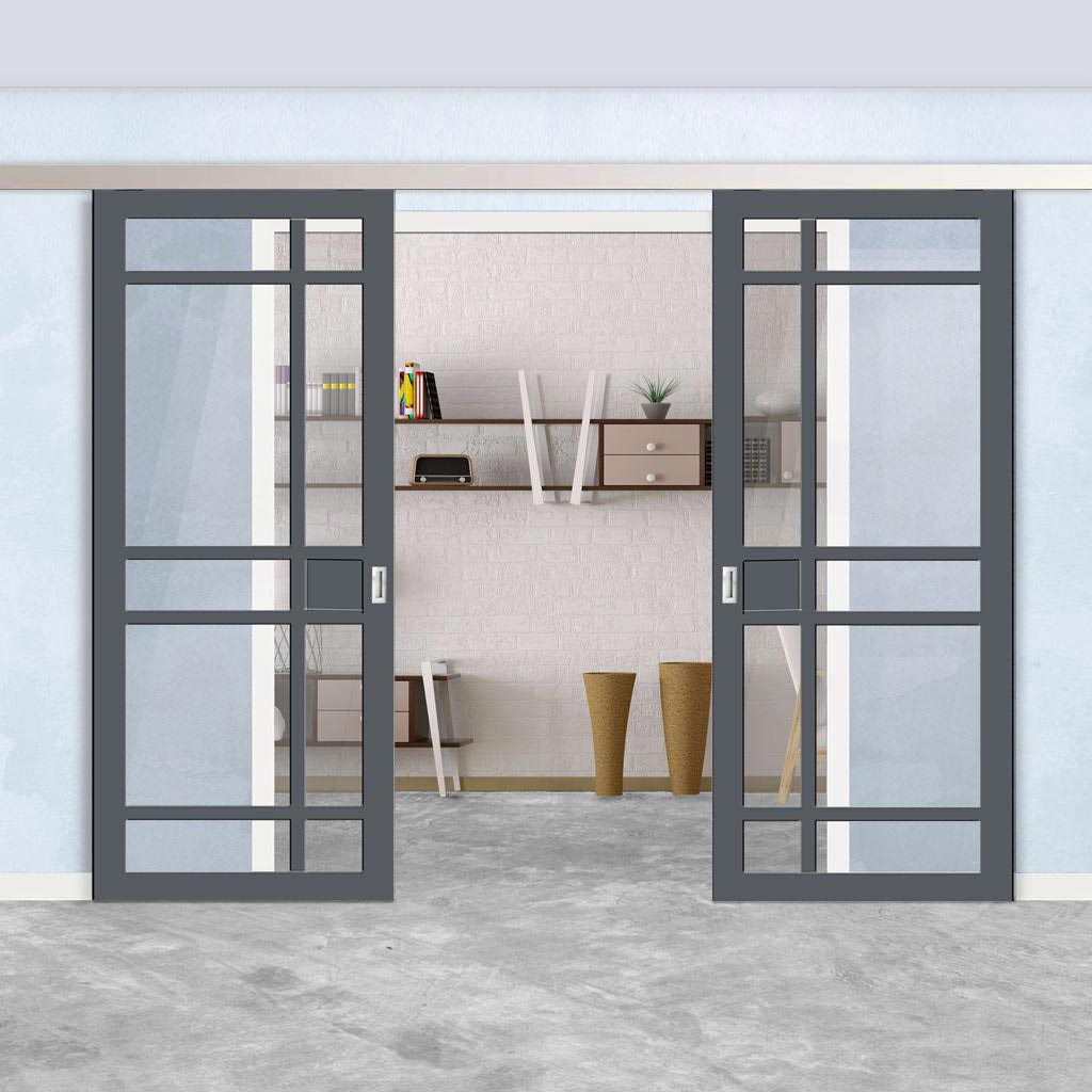 Double Sliding Door & Premium Wall Track - Eco-Urban® Leith 9 Pane Doors DD6316G - Clear Glass - 6 Colour Options