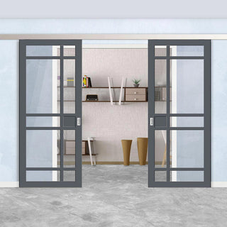 Image: Double Sliding Door & Premium Wall Track - Eco-Urban® Leith 9 Pane Doors DD6316G - Clear Glass - 6 Colour Options