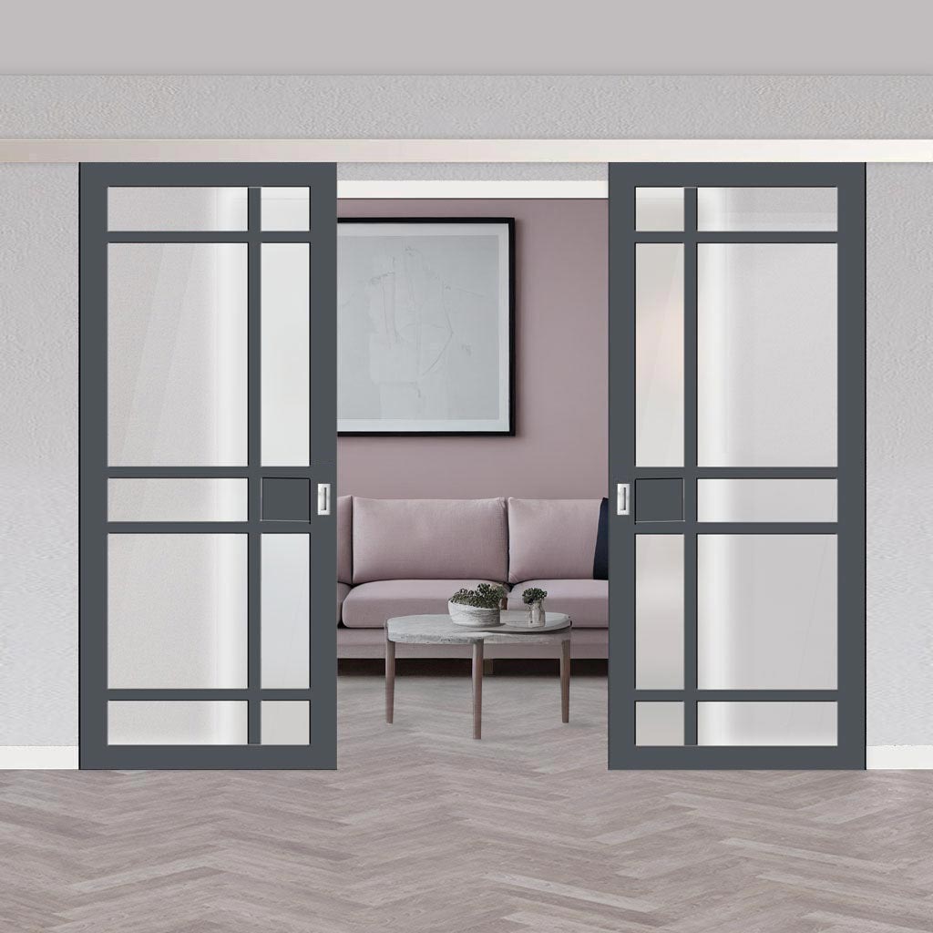 Double Sliding Door & Premium Wall Track - Eco-Urban® Leith 9 Pane Doors DD6316SG - Frosted Glass - 6 Colour Options