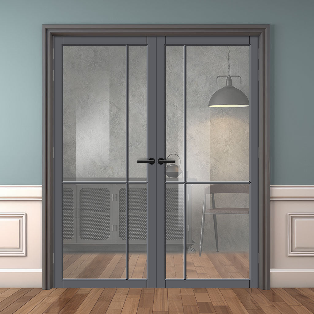 Lerens Solid Wood Internal Door Pair UK Made DD0117C Clear Glass - Stormy Grey Premium Primed - Urban Lite® Bespoke Sizes