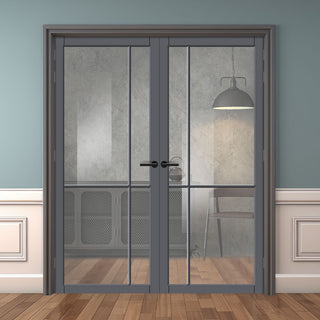 Image: Lerens Solid Wood Internal Door Pair UK Made DD0117C Clear Glass - Stormy Grey Premium Primed - Urban Lite® Bespoke Sizes