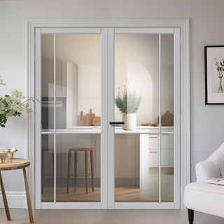 Image: Lerens Solid Wood Internal Door Pair UK Made DD0117C Clear Glass - Mist Grey Premium Primed - Urban Lite® Bespoke Sizes