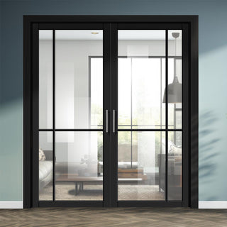 Image: Lerens Solid Wood Internal Door Pair UK Made DD0117C Clear Glass - Shadow Black Premium Primed - Urban Lite® Bespoke Sizes
